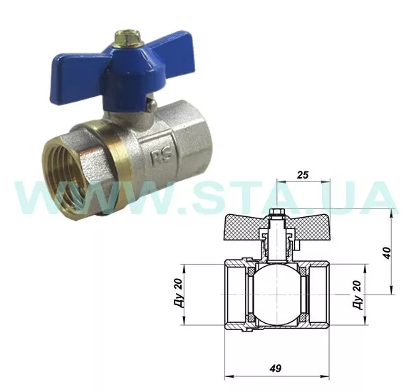 Кран кульовий STA    3/4" ВВ (червоний метелик) НІК. {120/12}